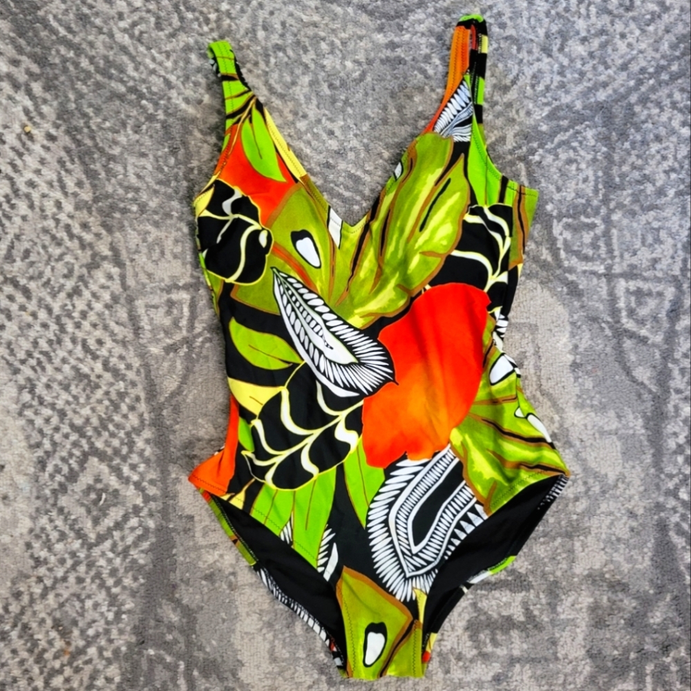 Gottex Blue Tropical one piece green swimsuit size 10